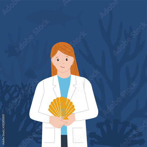 Female oceanologist. International Day of Women and Girls in Science. Woman scientist. Vector illustration. Flat style. Isolated.