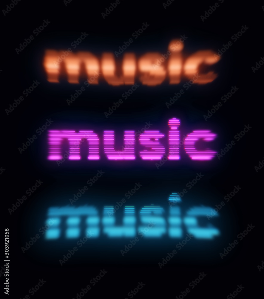 Colourful music text on a dark background. Print. The blue word music on the poster.