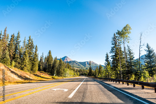 Scenic road in Colorado on Million Dollar Highway 550 with San Juan Engineer mountain peak view to Silverton from Durango wide angle