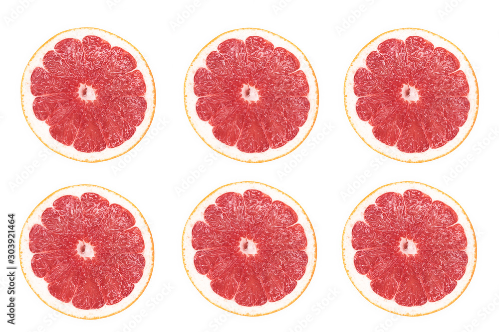 Top view of ripe fresh juicy round slices, pieces of grapefruit, red citrus fruit. Cut grapefruit, clipping path isolated on white background. Healthy vegan or vegetarian food concept. Vitamin C. Top view of ripe fresh juicy round slices, pieces of grapefruit, red citrus fruit. Cut grapefruit, clipping path isolated on white background. Healthy vegan or vegetarian food concept. Vitamin C.