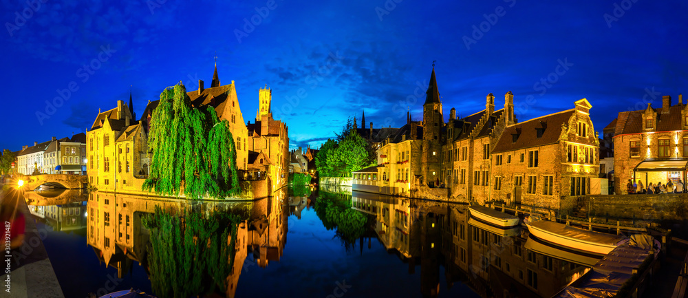Belgium, Brugge, night cityscape, panoramic view