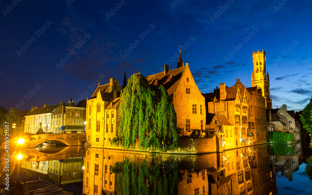 Belgium, Brugge, night cityscape, panoramic view