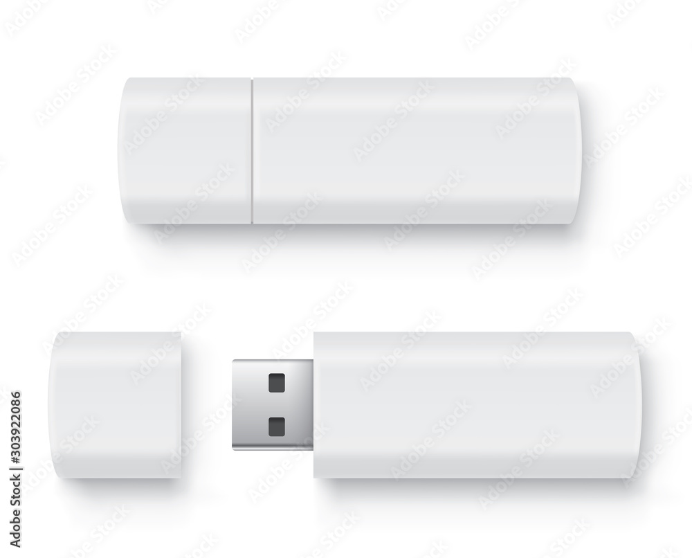 Realistic flash drive mockup set, open and closed. White mockup with ...