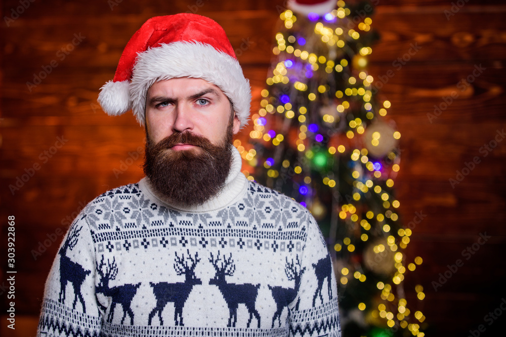 bearded brutal hipster santa hat. xmas presents. male beard in