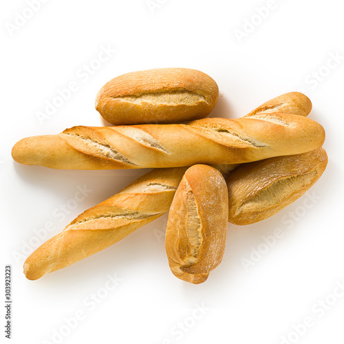fresh white bread baguette and bun isolated on a white background with seeds © irinagrigorii