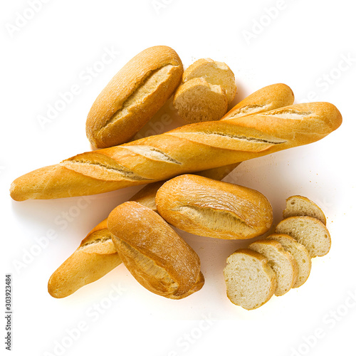 fresh white bread baguette and bun isolated on a white background with seeds