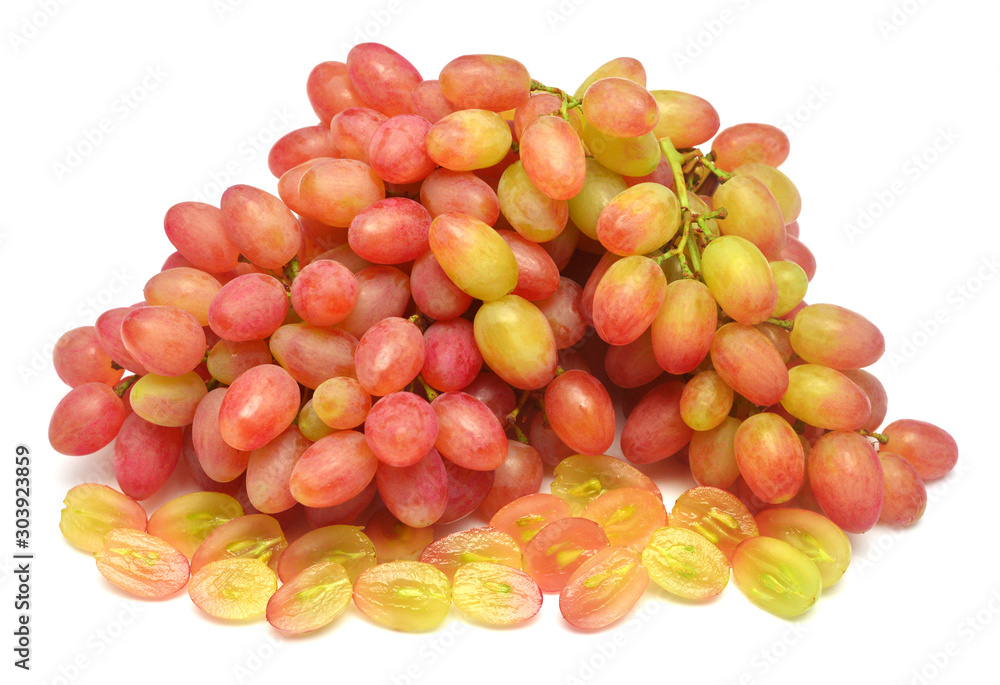 Fresh red grapes branch isolated on white background. Creative concept of fruit. Flat lay, top view
