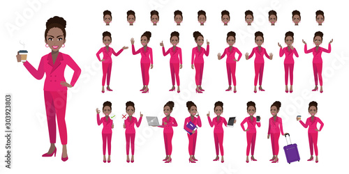 Businesswoman cartoon character set. African American businesswoman in pink color suit style. Flat vector illustration.