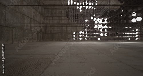 Abstract architectural concrete beige interior from an array of brown spheres with neon lighting. 3D illustration and rendering.