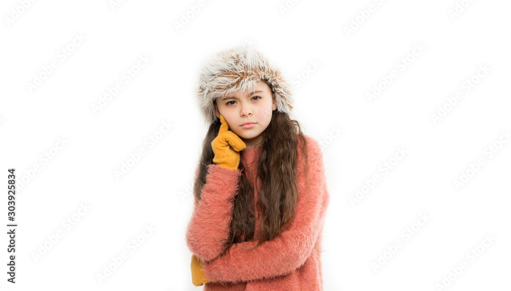 Anti static hair product. Static and frizz. Adorable child long hair soft fur hat. Child care concept. Girl long hair wear fur hat white background. Winter shampoo and conditioner prevent hair damage Anti static hair product. Static and frizz. Adorable child long hair soft fur hat. Child care concept. Girl long hair wear fur hat white background. Winter shampoo and conditioner prevent hair damage