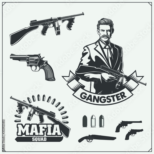 Set of gangsters and mafia emblems, labels and design elements. Street wars elements, guns.