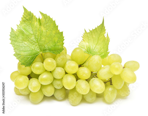 Fresh green grapes branch with leaf isolated on white background. Creative concept of fruit. Flat lay, top view