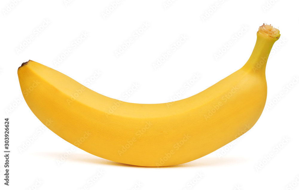 One banana isolated on white background. Top view, flat lay