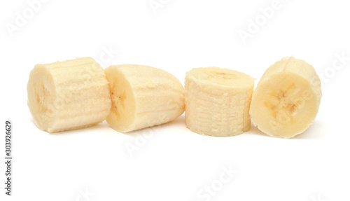 Banana slice isolated on white background. Top view, flat lay