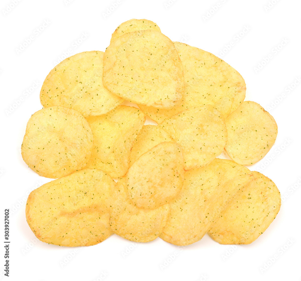 Potato chips isolated on white background. Agriculture. Flat lay, top view. Creative layout vegetables, food concept Potato chips isolated on white background. Agriculture. Flat lay, top view. Creative layout vegetables, food concept