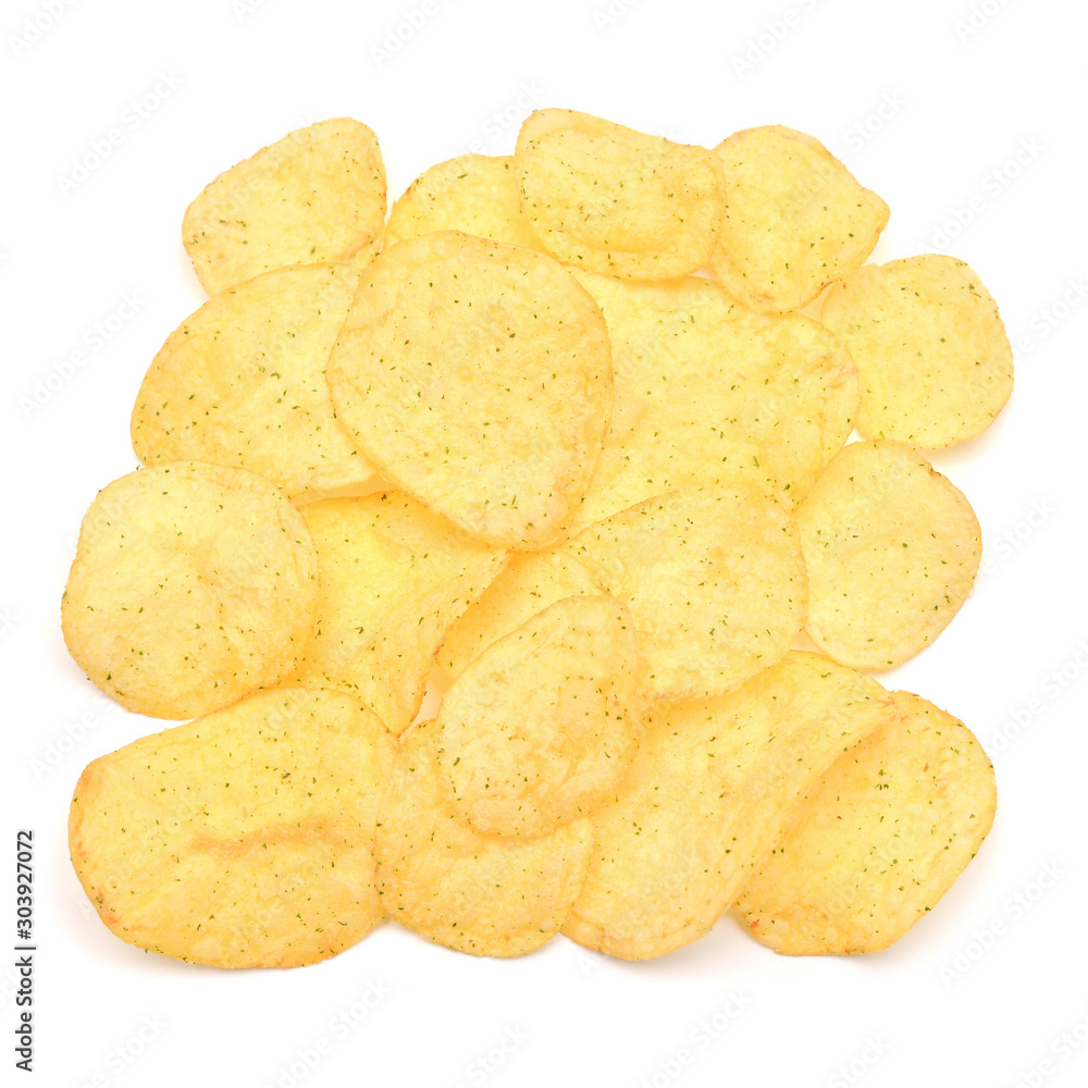 Potato chips isolated on white background. Agriculture. Flat lay, top view. Creative layout vegetables, food concept Potato chips isolated on white background. Agriculture. Flat lay, top view. Creative layout vegetables, food concept