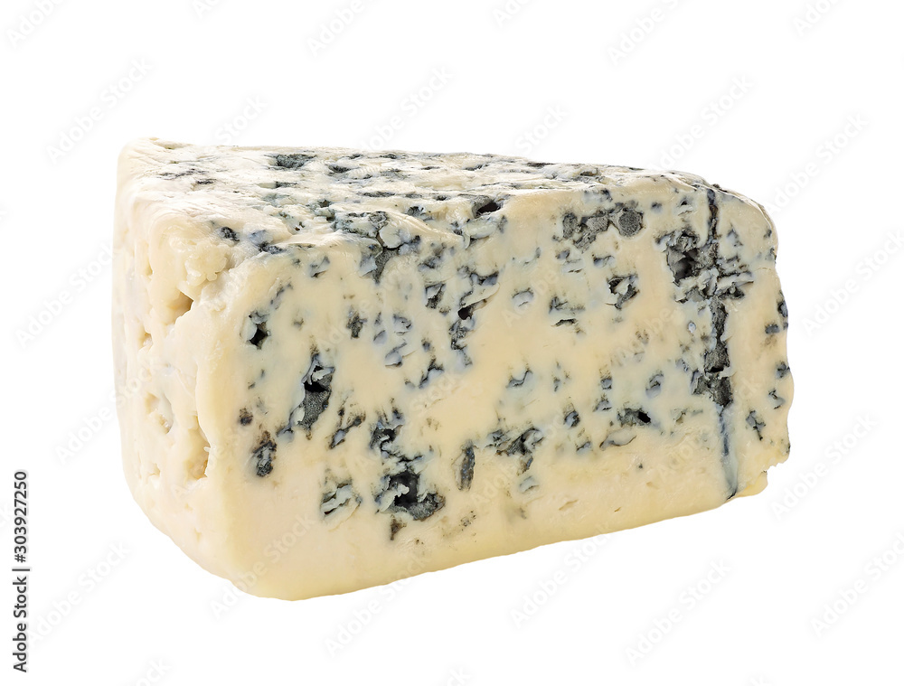 Wedge of full fat soft blue cheese isolated on white background. Image without shadow.