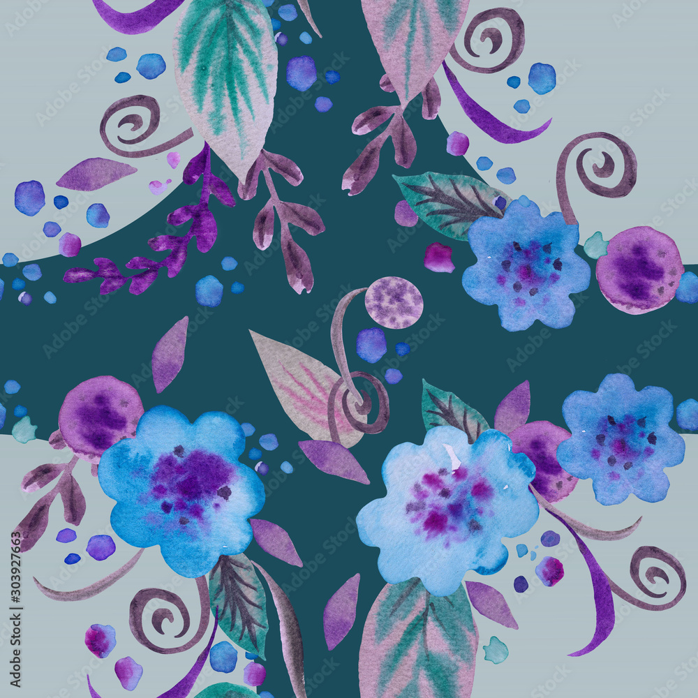 Plakat Akwarela kwiatowy wzór, nadruk wykonany jest z niebieskich kwiatów z szarymi liśćmi w stylu vintage. Tło botaniczne do dekoracji tekstyliów, papieru do pakowania i innych projektów