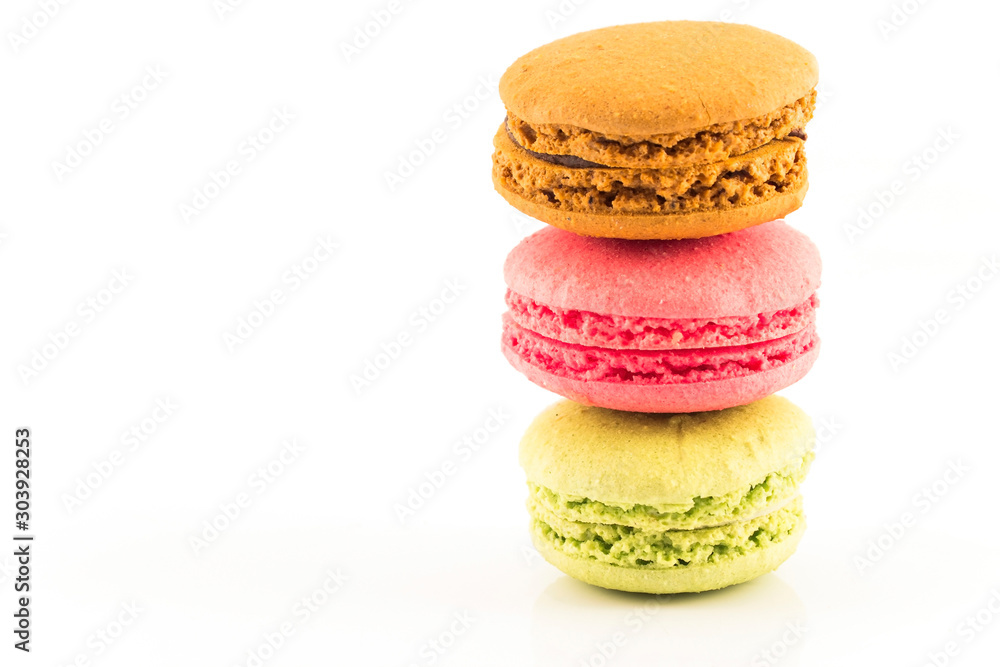 Fotografie Three Fresh Colorful Macaroons Isolated on White Background