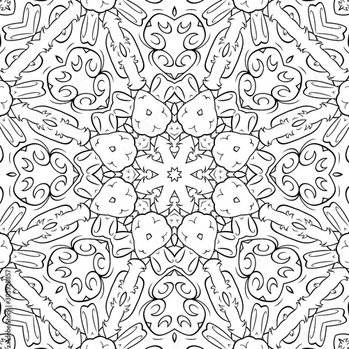 Seamless coloring page for kids and adults. Seamless pattern with many details. Symmetric ornament for coloring. Template for design work.