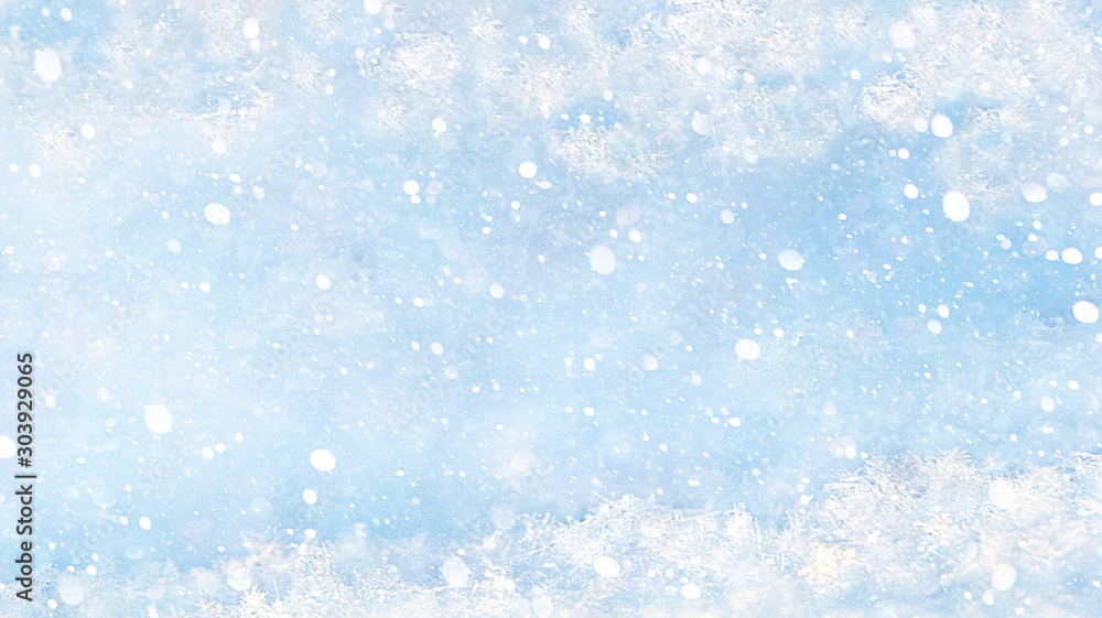 Christmas and New Year background with a blue snowy background, template for overlay in Photoshop, place for text. New Year card for congratulations, selective focus, banner for display