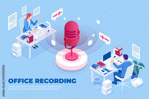 Isometric office recording and digital sound wave concept. Musical melody design. Soundwave audio music. Voice message or recording voice.