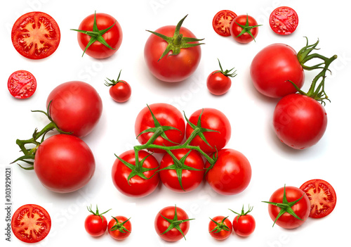 Tomatoes collection of whole and sliced isolated on white background. Tasty and healthy food. Flat lay, top view