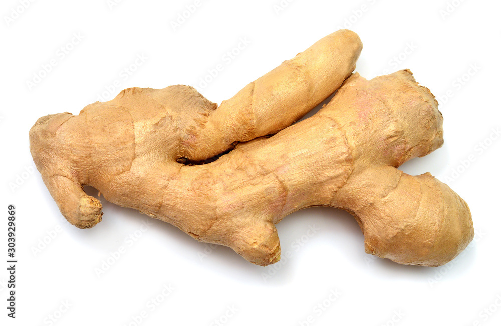 Fresh ginger root isolated on white background. Creative medical concept, spice in cooking. Flat lay, top view Fresh ginger root isolated on white background. Creative medical concept, spice in cooking. Flat lay, top view