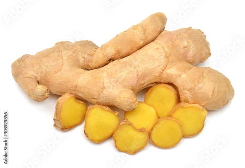 Fresh ginger root and slice isolated on white background. Creative medical concept, spice in cooking. Flat lay, top view
