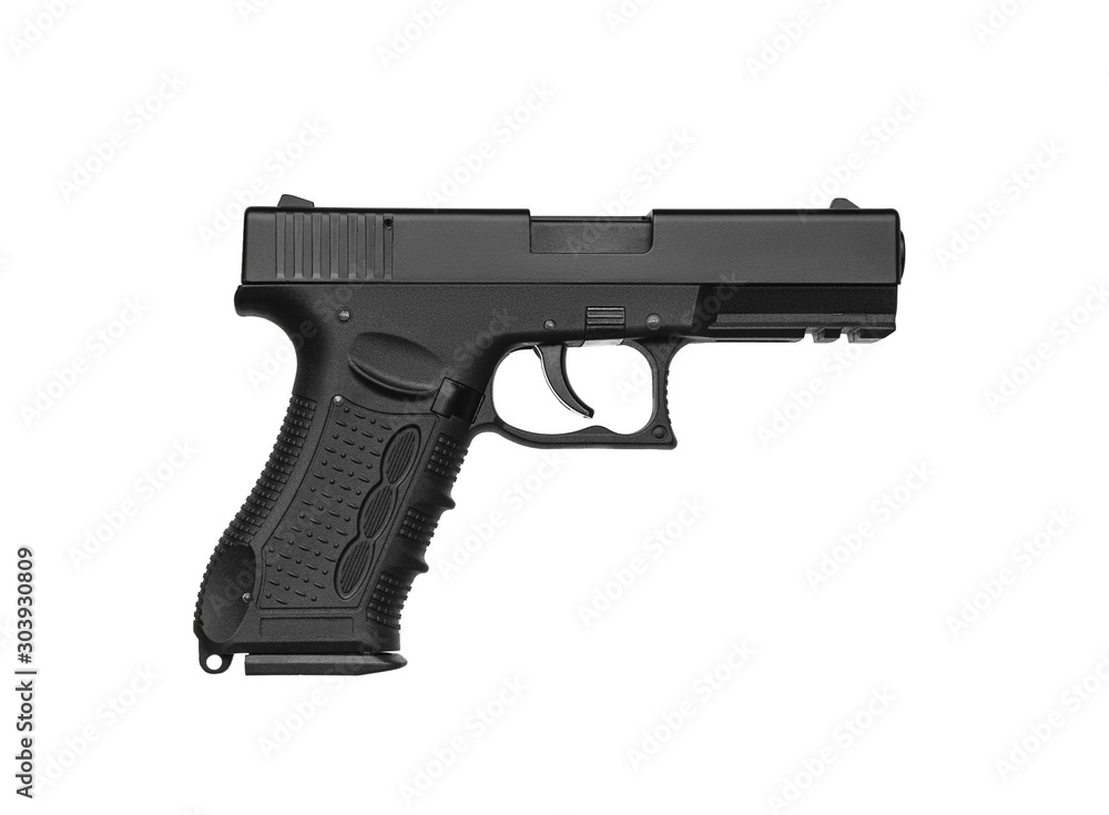 Black gun pistol isolated on white background. Short-barreled weapons for sports and self-defense. Armament for police units, special forces and the army.