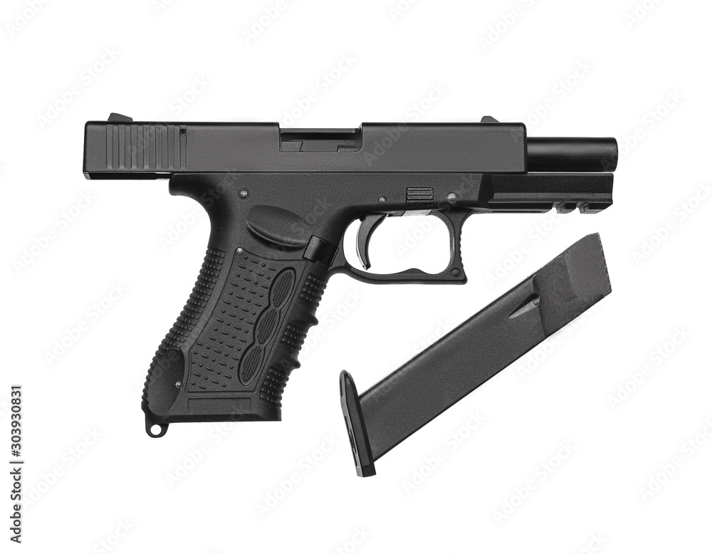 Black gun pistol isolated on white background. Short-barreled weapons for sports and self-defense. Armament for police units, special forces and the army. Black gun pistol isolated on white background. Short-barreled weapons for sports and self-defense. Armament for police units, special forces and the army.