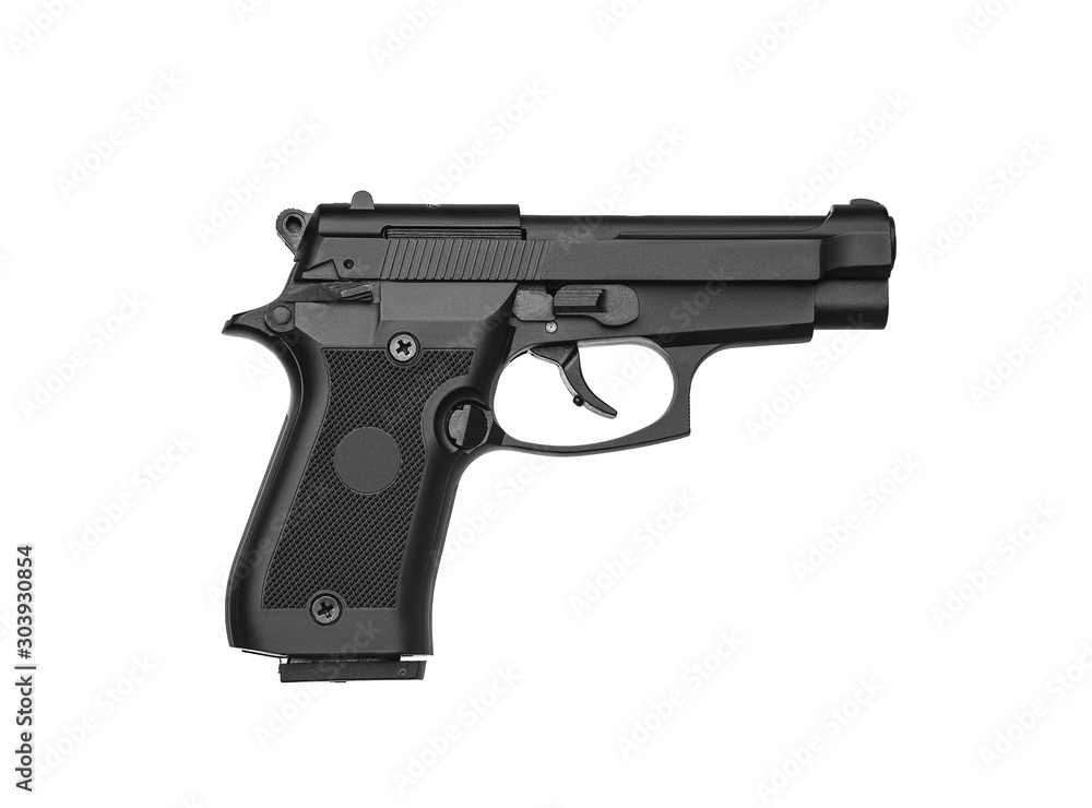 Black gun pistol isolated on white background. Short-barreled weapons for sports and self-defense. Armament for police units, special forces and the army.