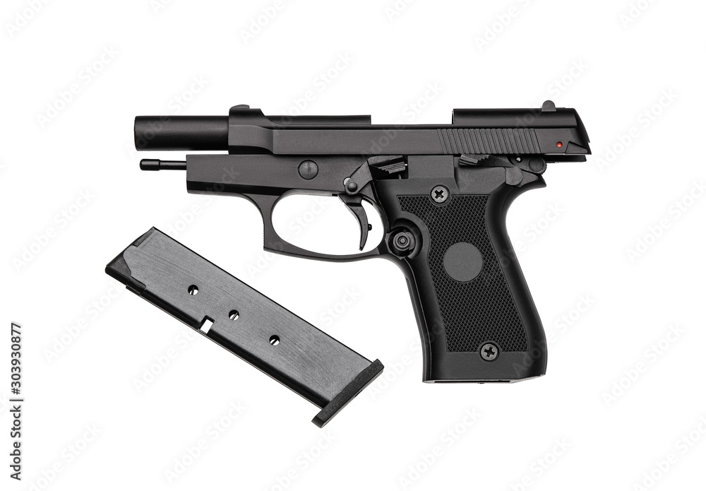 Black gun pistol isolated on white background. Short-barreled weapons for sports and self-defense. Armament for police units, special forces and the army. Black gun pistol isolated on white background. Short-barreled weapons for sports and self-defense. Armament for police units, special forces and the army.