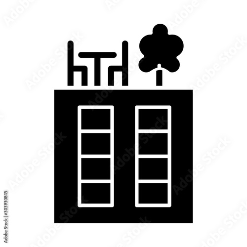 Rooftop deck glyph icon. Panoramic terrace. Luxurious penthouse balcony. Garden space on roof. Sky park lounge zone. Outdoor area. Silhouette symbol. Negative space. Vector isolated illustration