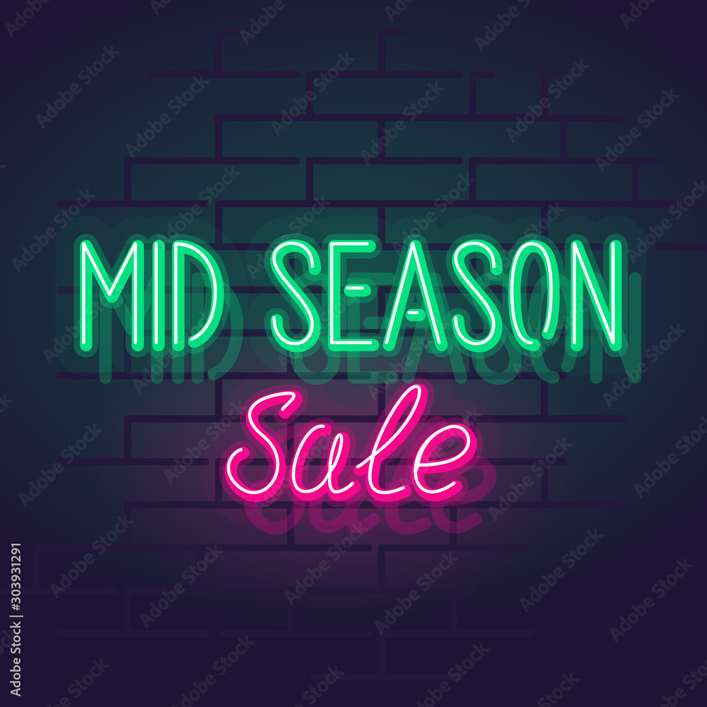 Mid season sale sign. Square line art style neon illustration on brick wall background.