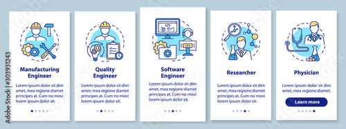 Bioengineering jobs onboarding mobile app page screen with linear concepts. Researcher and physician. Five walkthrough steps graphic instructions. UX, UI, GUI vector template with illustrations