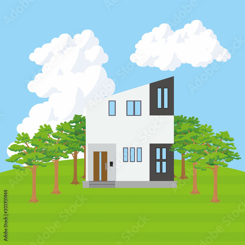 丘の上に建つ青空背景の一戸建て、一軒家のイラスト（二階建て）_マイホーム、木造住宅_ベクターデータ