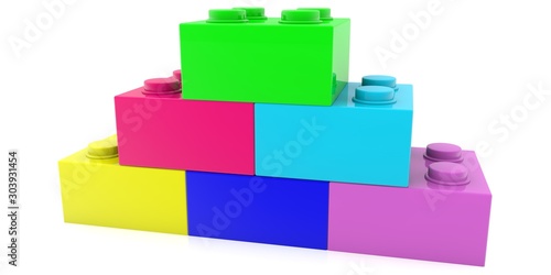 Toy bricks of different colors on a white background in the form of a pyramid