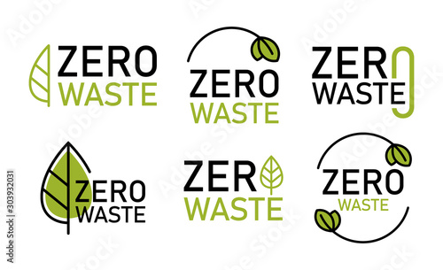 Zero waste logo set, environment protection. Reduce, reuse, recycle. No plastic and go green slogan. Vector illustration