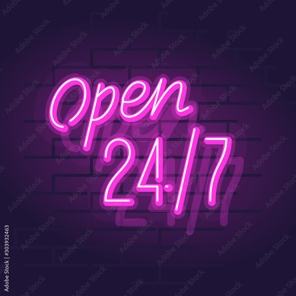 Neon open 24/7 typography. Night illuminated wall street sign. Square illustration on brick wall background. Neon open 24/7 typography. Night illuminated wall street sign. Square illustration on brick wall background.
