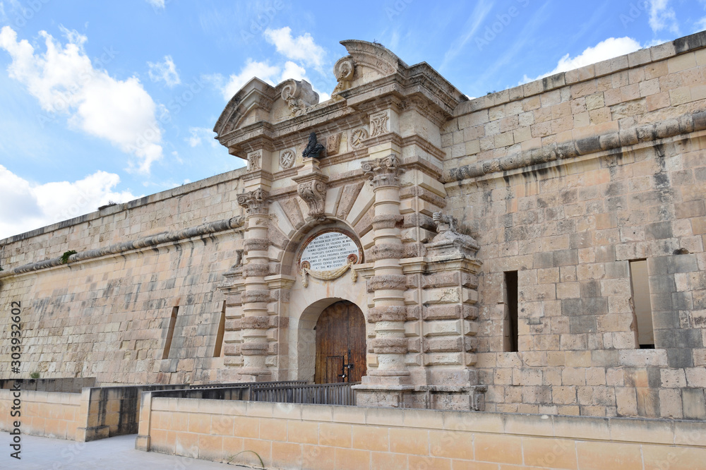 Fort Manoel is a historic landmark at the Manoel island in the Mediterranian sea, near Gzira town, Malta. View on main gate