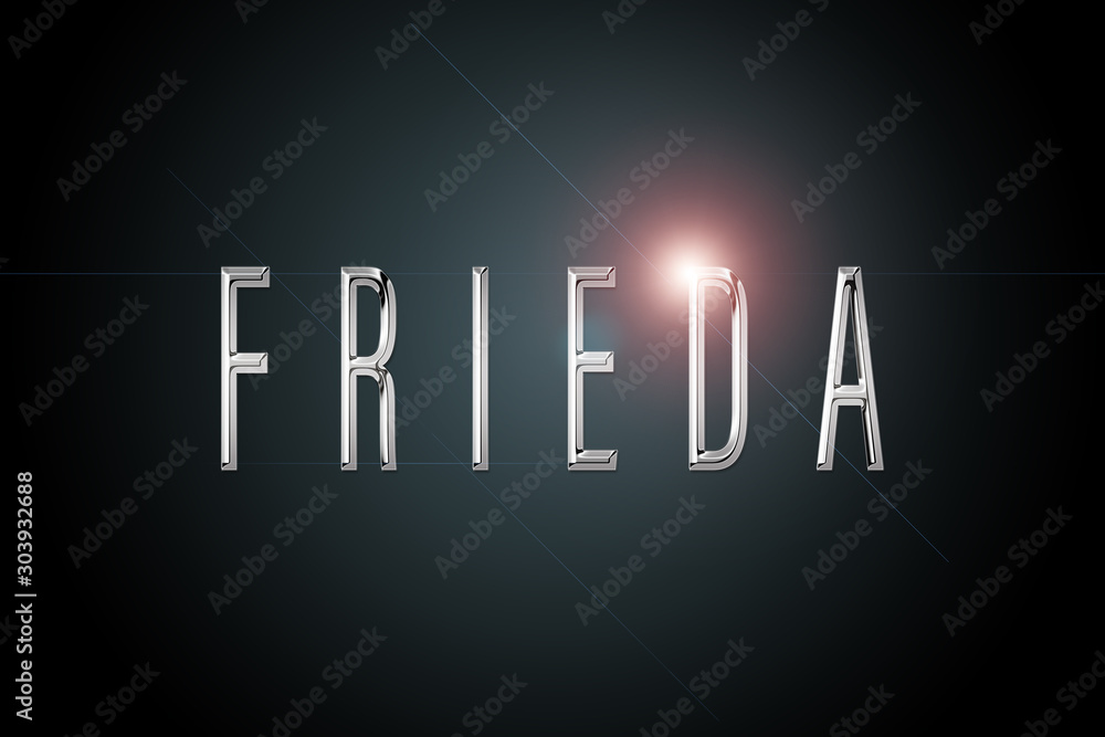 first name Frieda in chrome on dark background with flashes first name Frieda in chrome on dark background with flashes
