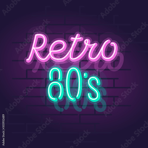Neon retro 80's typography. Night illuminated wall street sign. Square illustration on brick wall background.