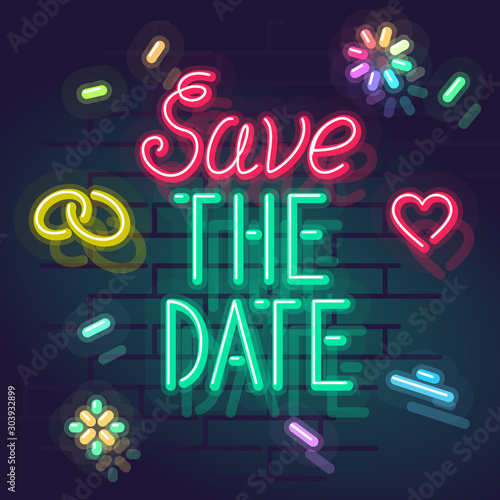 Neon save the date wedding typography. Square night illuminated wall street sign for post or card. Square illustration on brick wall background.