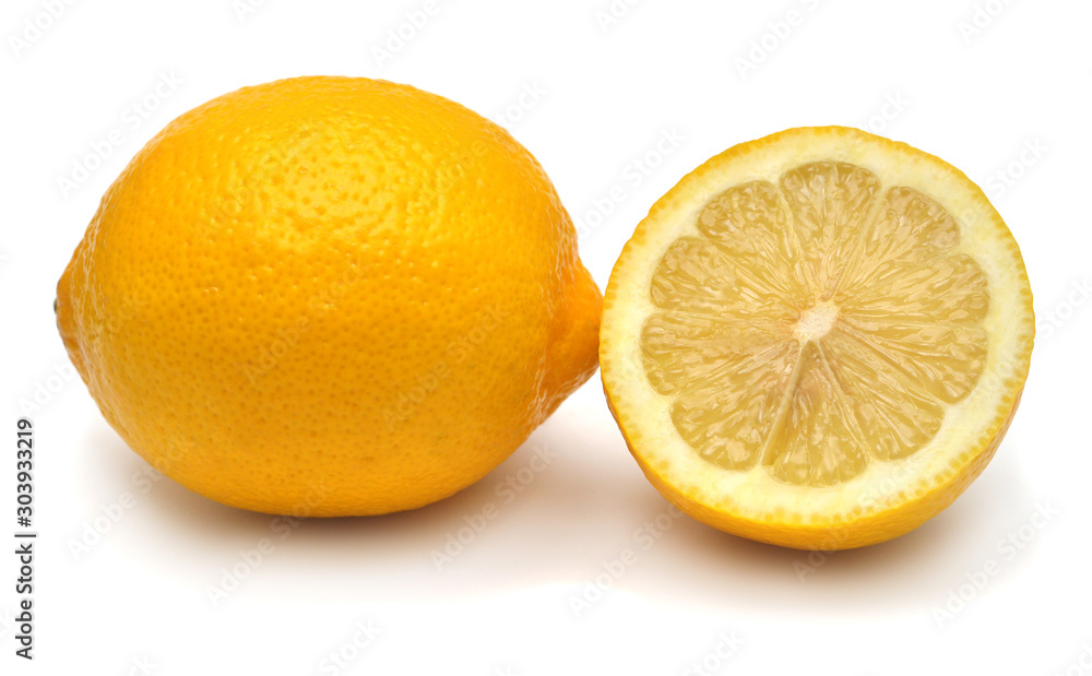 Group ripe lemon citrus whole and half isolated on a white background. Creative concept of juice, freshly squeezed fruits. Top view, flat lay