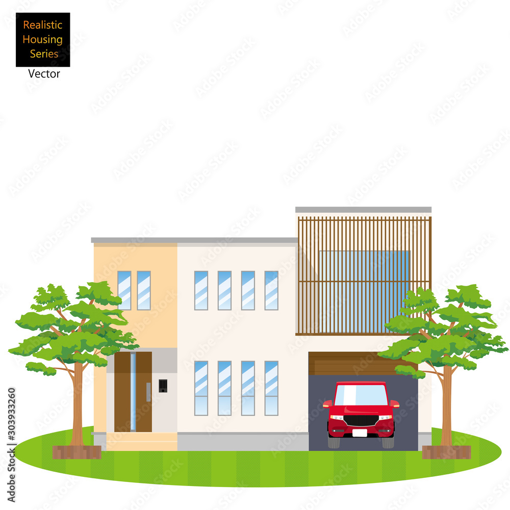 一戸建て 一軒家のイラスト 二階建て と植木 芝生の背景 マイホーム 木造住宅 ベクターデータ Stock Vector Adobe Stock