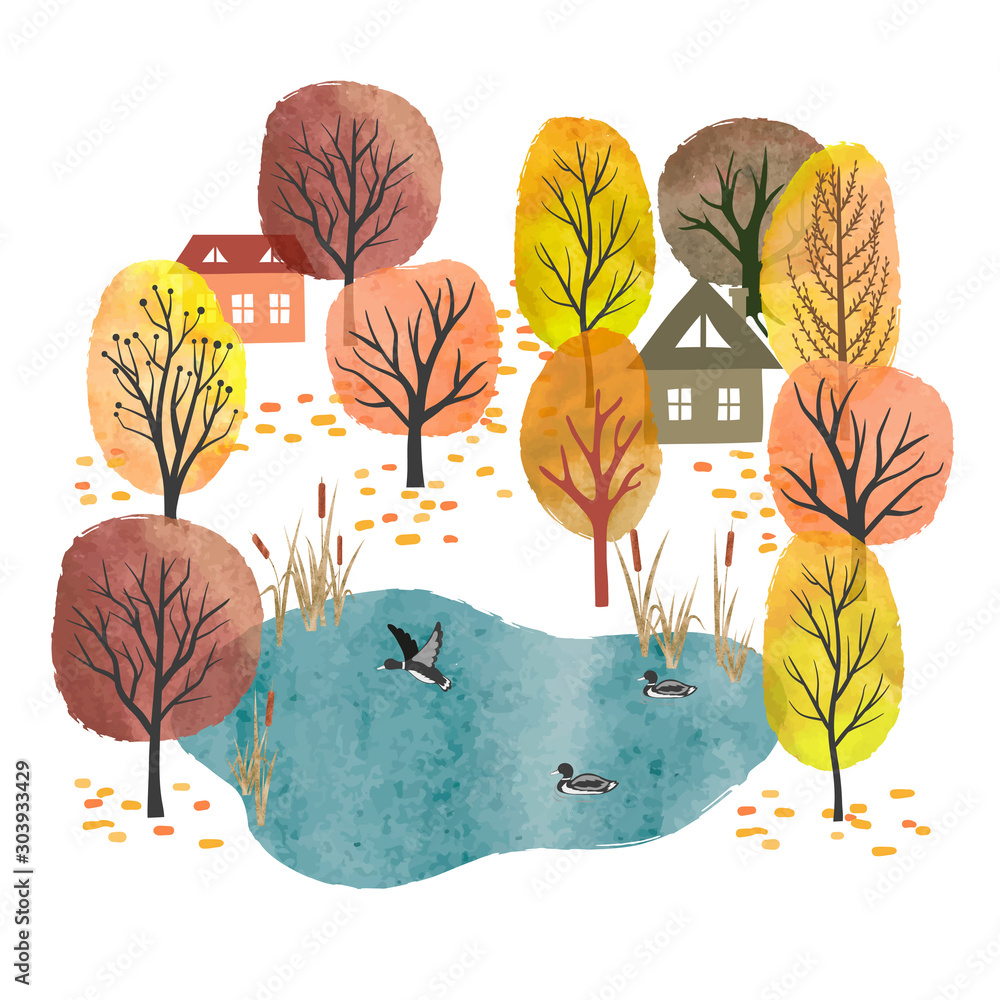 Obraz Autumn landscape. Village vector illustration. Watercolor autumn trees, pond with ducks and houses.