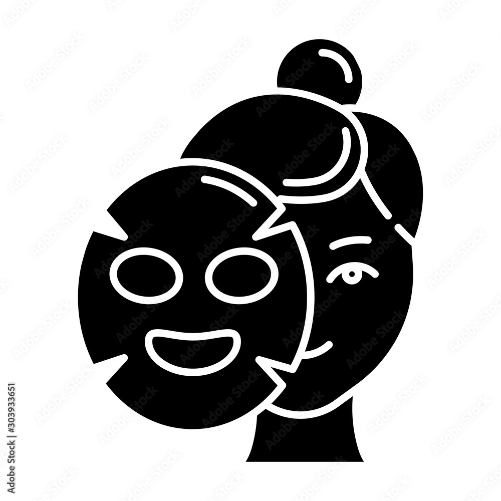 Applying sheet mask glyph icon. Skin care procedure. Hydrogen mask. Beauty treatment. Product for moisturizing. Cosmetics, makeup. Silhouette symbol. Negative space. Vector isolated illustration Applying sheet mask glyph icon. Skin care procedure. Hydrogen mask. Beauty treatment. Product for moisturizing. Cosmetics, makeup. Silhouette symbol. Negative space. Vector isolated illustration