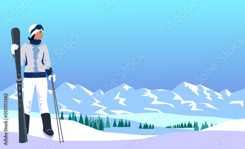 A woman in a white-blue ski suit with skis in her hands against the backdrop of snowy mountains and a snowy forest. Monochrome blue landscape. Space for text. Advertising banner for sports. Vector 