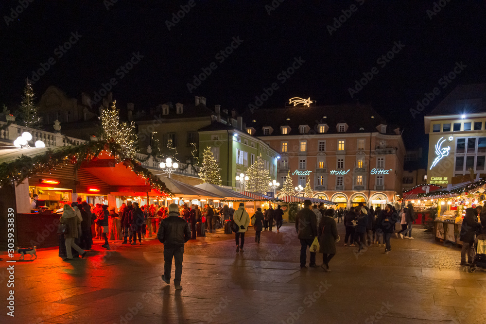 Bolzano Christmas Market in the evening, Trentino Alto Adige, northern Italy.
